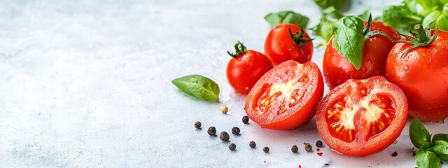 Wall Mural -  A collection of tomatoes on a pristine white backdrop, one sporting fresh basil leaves atop