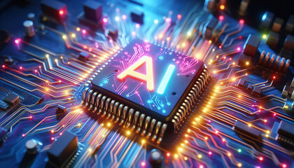 Poster - AI word on microchip and colorful light spread with strong beam
