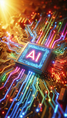 Poster - AI word on microchip and colorful light spread with strong beam