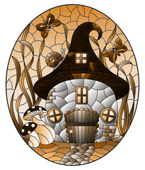 Wall Mural - A stained-glass illustration with a fairy-tale dwarf house on a background of grass and sky, oval image, tone brown