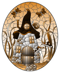 Wall Mural - A stained-glass illustration with a fairy-tale dwarf house on a background of grass and  sky, oval image, tone brown