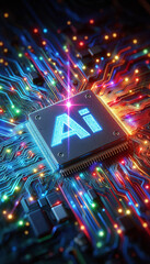 Poster - AI word on microchip and colorful light spread with strong beam