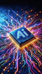 Aufkleber - AI word on microchip and colorful light spread with strong beam