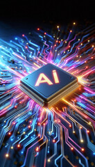 Poster - AI word on microchip and colorful light spread with strong beam