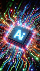Poster - AI word on microchip and colorful light spread with strong beam