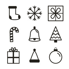 Wall Mural - Christmas black line icon set. Candy cane, sock, snow flake, gift box bow, ring bell, Christmas fir tree, Santa Claus hat, ball toy. Holiday sign symbol. Outline Xmas icons on white Flat design Vector