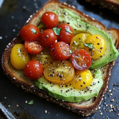 Close-up of avocado toast with cherry tomatoes and basil