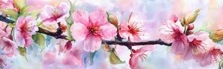 Poster - Watercolor illustration of vibrant cherry blossoms in a botanical garden