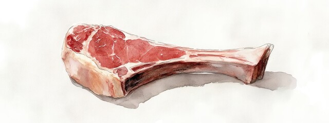 Watercolor illustration of a single raw veal cut on the bone