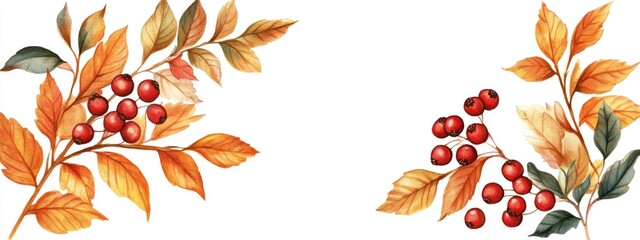 Wall Mural - Watercolor illustration of autumn leaves and red rowanberries in a square frame on a white background