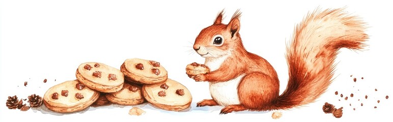 Wall Mural - Watercolor illustration of a squirrel with Christmas cookies on a white background suitable for prints stickers holiday decorations greeting cards invitations and textiles