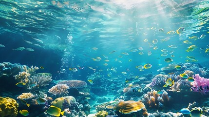 Breathtaking view of a vibrant coral reef teeming with colorful fish. Sunbeams illuminate the crystal clear water, creating a magical underwater world.