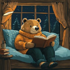 Cute bear in a cozy cabin reading a book by the window.