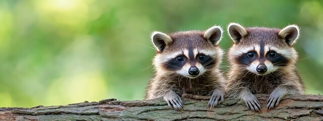 Wall Mural -  Two raccoons atop a tree branch against a hazy green backdrop