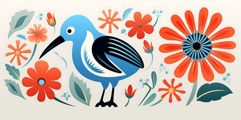 A colorful kiwi with flowers painted on it, a simple flat illustration in white background,This whimsical children's book illustration has a folk-inspired style and clean.