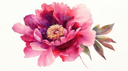 Wall Mural - Watercolor illustration of a pink peony flower in shades of pink purple and burgundy against a white backdrop