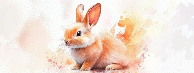 Wall Mural - Watercolor illustration of an adorable fluffy rabbit in peach color with lowered ears facing us created in a pastel painting style