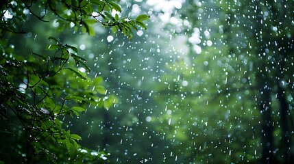 Close-up of raindrops falling through the leaves of a tree in a forest. The image is blurred and captures the beauty of a rainy day.