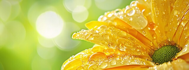 Canvas Print -  A close-up of a yellow flower, dripping with water drops, set against a green backdrop blurred with soft light