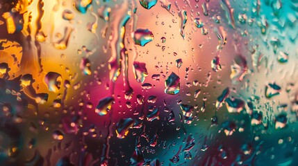 Close-up of water drops on a glass surface with a blurry colorful background.