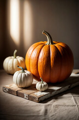 large orange pumpkin and small white pumpkin lie on wooden board. Generative AI.