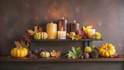 Poster -  autumn dark decor with candles on wooden shelf