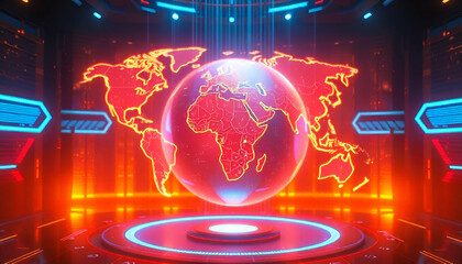 A holographic globe projection showing the world map, with orange and blue lighting effects, displayed on a futuristic interface