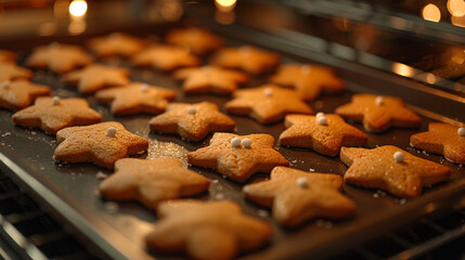 Sticker - A baking sheet fresh out of the oven, filled with warm, golden-brown Christmas cookies, some still cooling and others being transferred to a festive plate.