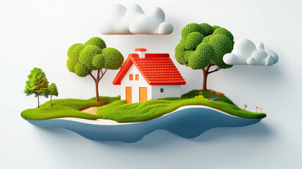 a whimsical illustration of a house surrounded by trees and clouds, evoking a sense of peace and cre