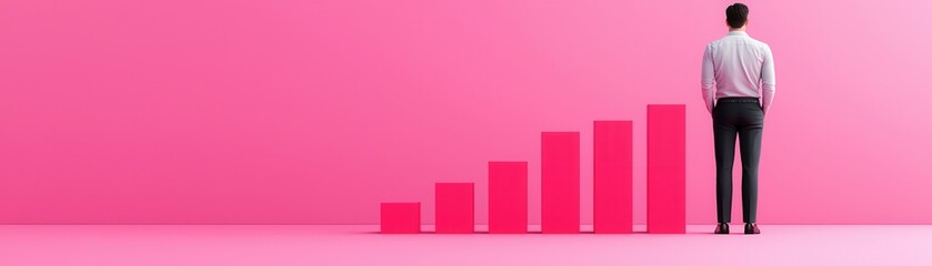 Wall Mural - Businessman Standing in Front of a Pink Bar Chart.