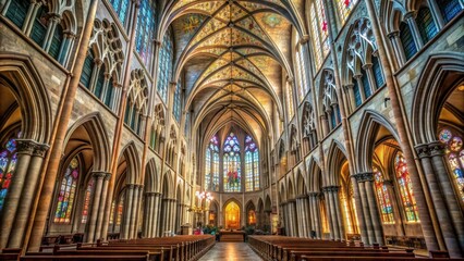 Intricate gothic cathedral interior with soaring ceilings and detailed stained glass windows, cathedral, gothic