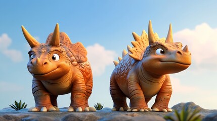 Two cute cartoon dinosaurs with large horns and bright colors, set against a clear blue sky and rocky terrain, perfect for children's themes.