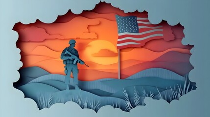 Wall Mural - Patriotic Soldier Silhouette in Paper Cut Style for Veterans Day