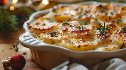 Poster - A close-up of a festive Christmas side dish, such as creamy scalloped potatoes, garnished with fresh herbs and served in an elegant dish.