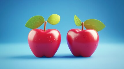 Two bright red apples with green leaves set against a vibrant blue background, perfect for fresh fruit and healthy eating themes.