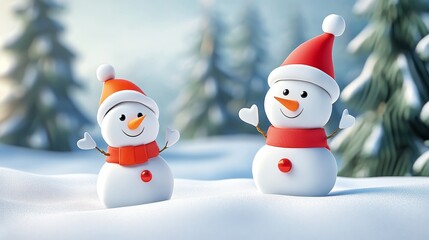 Two cheerful snowmen in festive hats stand in a winter wonderland, surrounded by snow and pine trees, capturing holiday joy.