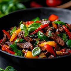 Wall Mural - Delicious Beef Stir Fry with Bell Peppers  Basil  and Sesame Seeds