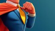 © Aris Suwanmalee - A confident superhero stands with a fist raised, wearing a blue suit and orange cape, symbolizing strength and courage.