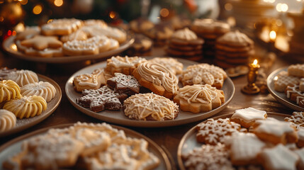 Sticker - A festive cookie exchange scene with a variety of Christmas cookies on display, each plate featuring different shapes and decorations, with holiday lights in the background.