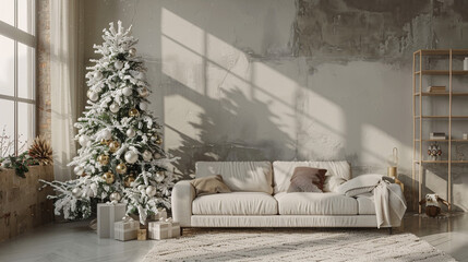 Sticker - A minimalist Christmas tree decorated with white and silver ornaments, set in a modern living room with clean lines and neutral tones.