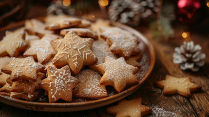 Sticker - A plate of freshly baked Christmas cookies shaped like stars, trees, and snowflakes, dusted with powdered sugar, placed on a wooden table.