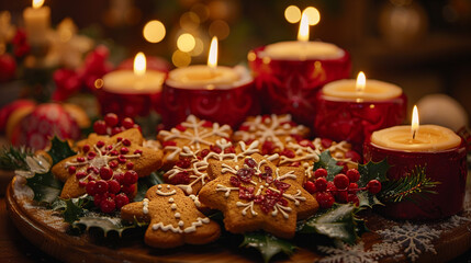 Sticker - A platter of Christmas cookies, including gingerbread men, holly leaves, and snowflakes, arranged around a centerpiece of festive candles.