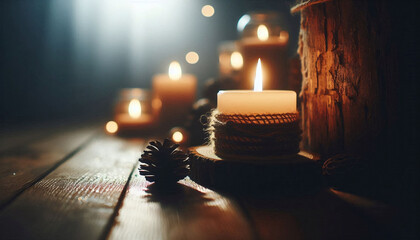 Wall Mural - Close up view of a burning candle on a wooden floor in dim lit room