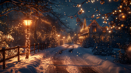 Sticker - A snowy night scene with a street lamp casting a warm glow over a pathway, leading to a festively decorated house with twinkling Christmas lights.