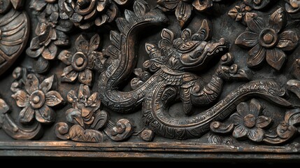 Poster - Intricate Wooden Carving of a Dragon and Floral Motifs