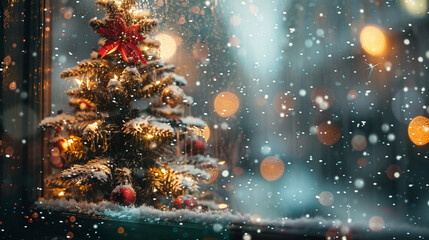 Poster - A view of a decorated Christmas tree seen through a frosted window, with snowflakes gently falling outside.