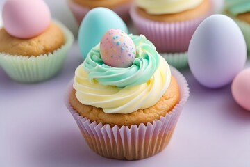 Wall Mural - A close up of a beautifully decorated easter cupcake topped with pastel colored frosting, Ai Generated