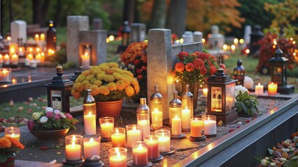 Canvas Print - cemetery grave tombstone decorated with clay candles