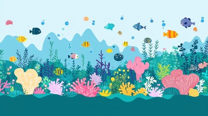 Sticker - Underwater Sea Life with Colorful Fish and Coral Reef Illustration