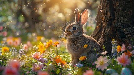 A realistic scene of an Easter bunny sitting at the base of a large tree, surrounded by scattered Easter eggs and blooming flowers. 